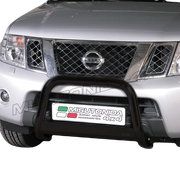 A silver Nissan pickup truck shown from the front, fitted with a black metal bull bar on the front bumper. A license plate frame reading 'MISUTONDA 4x4' is mounted on the bar.